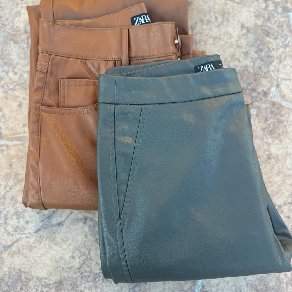 Zara Faux Leather Pants in Brown and Olive green